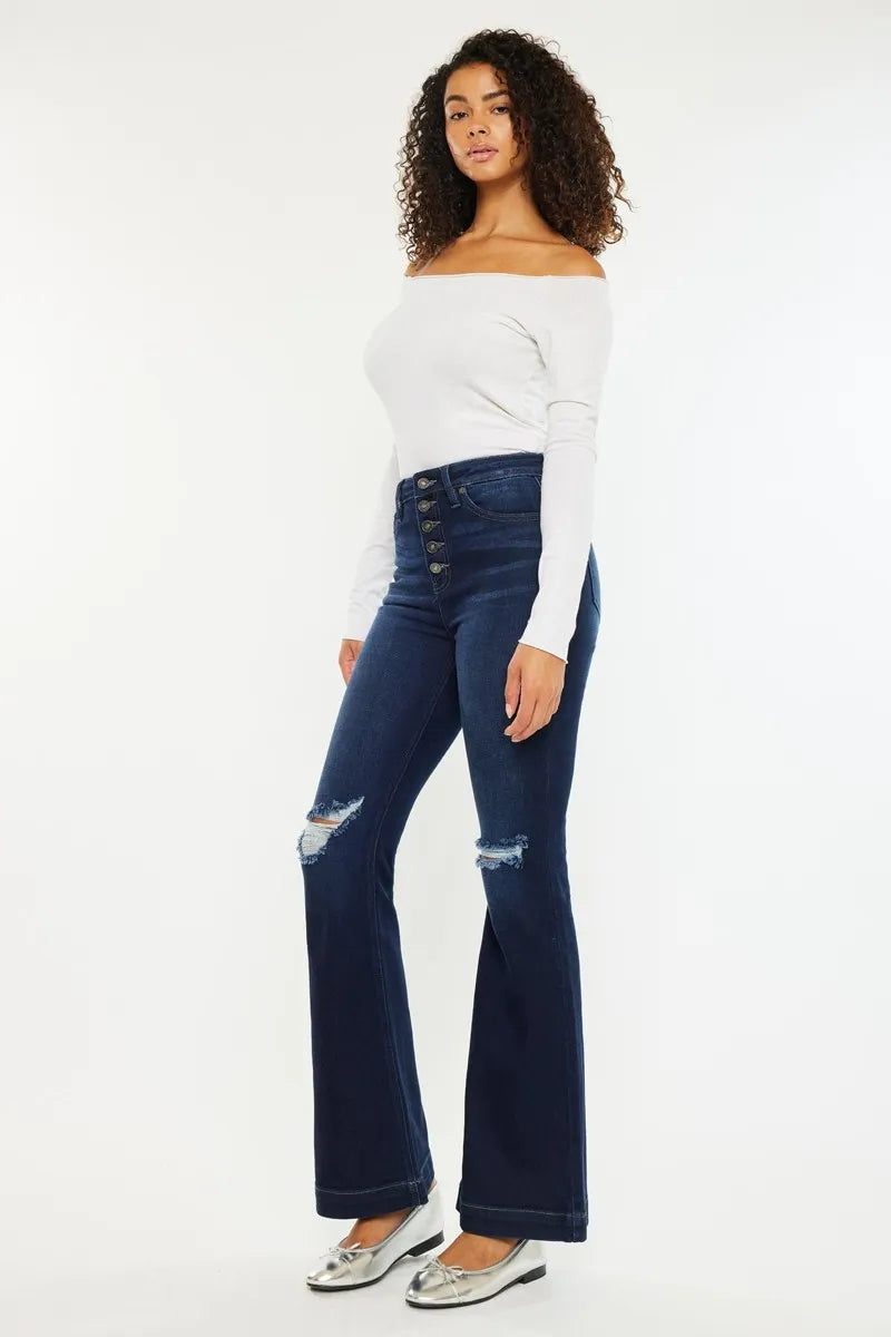 Kancan Button Fly High Rise Distressed Flare Jeans - Fashorio