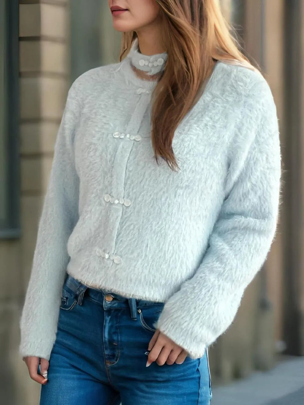 Cutout Knot Button Long Sleeve Cardigan - Fashorio