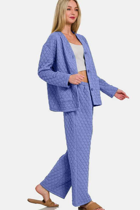 Zenana Quilted Button Up Long Sleeve Top and Pants Lounge Set - Fashorio