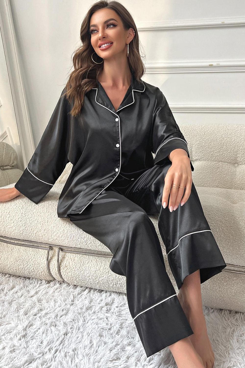 Contrast Piping Button-Up Top and Pants Pajama Set - Fashorio