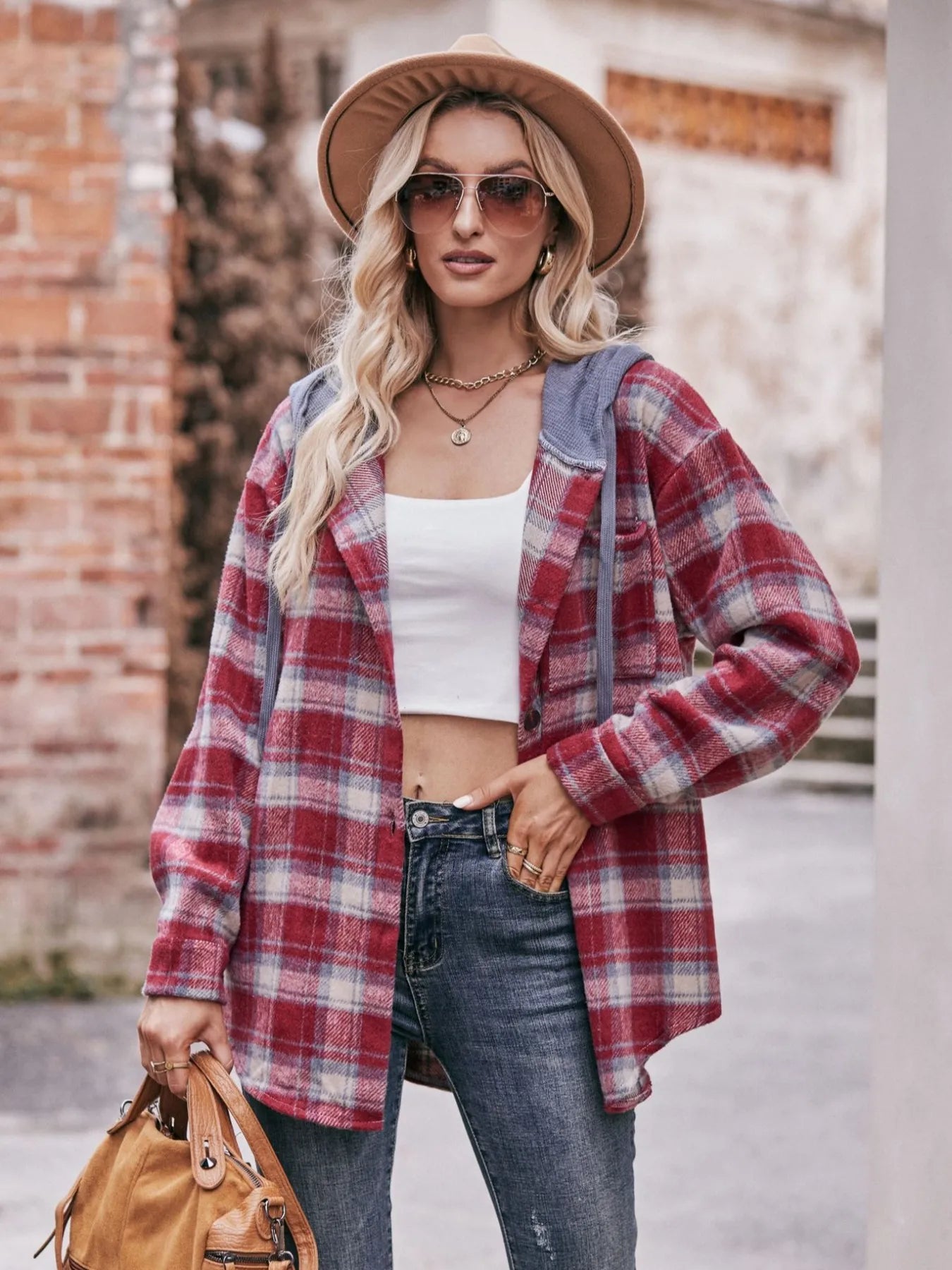 Oversized Plaid Button-Up Shacket – Lightweight Casual Layer Deep Red - Fashorio