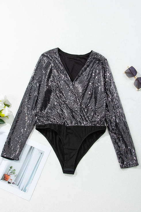 Sequin Surplice Long Sleeve Bodysuit - Fashorio