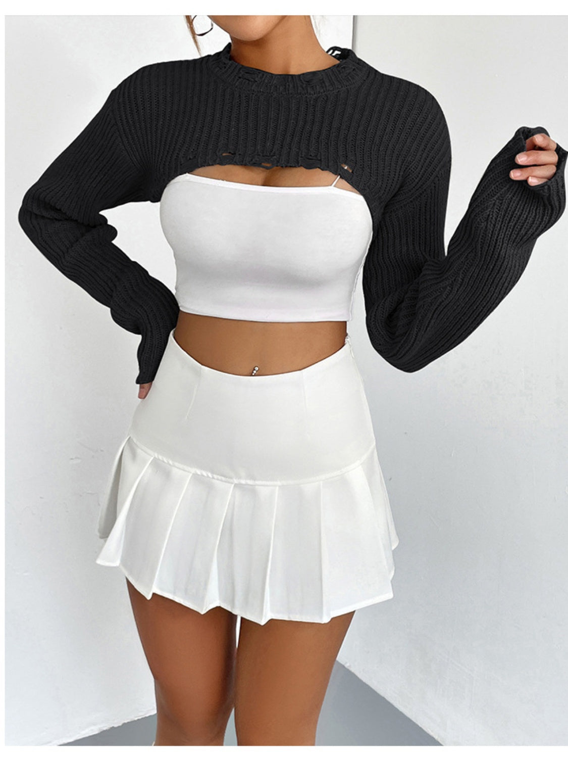 Distressed Long Sleeve Cropped Sweater Black - Fashorio