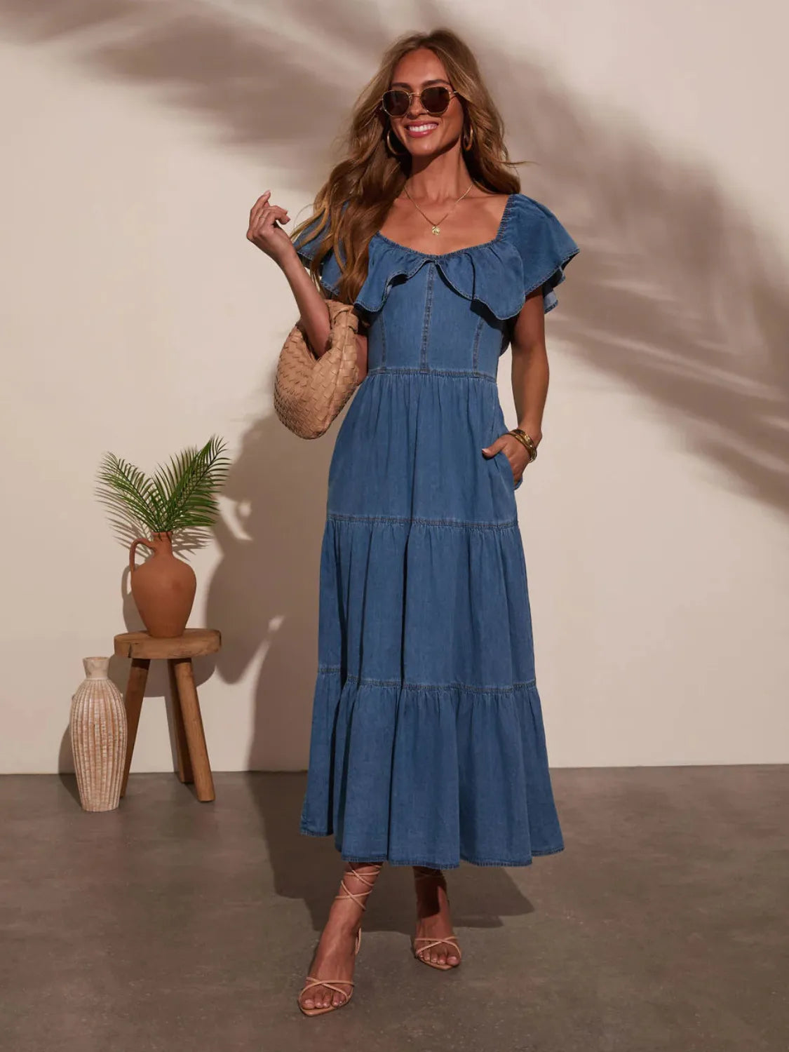 Off Shoulder Ruffle Tiered Denim Dress - Fashorio