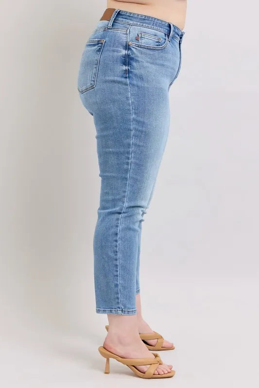 Judy Blue Full Size Mid Rise Vintage Wash Slim Jeans with Cell Phone Pocket Plus Size - Fashorio
