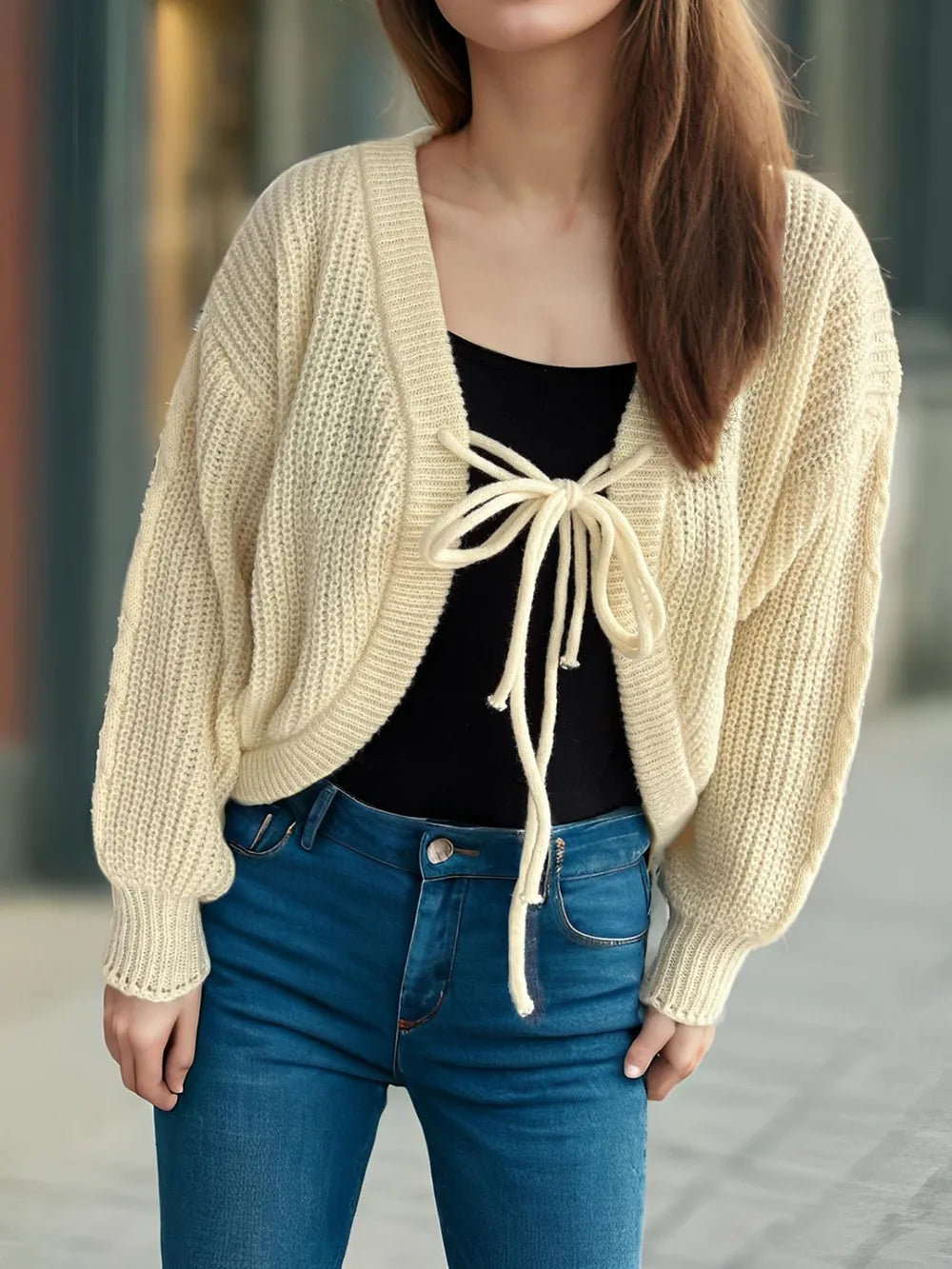 Tied Dropped Shoulder Long Sleeve Cardigan Tan One Size - Fashorio