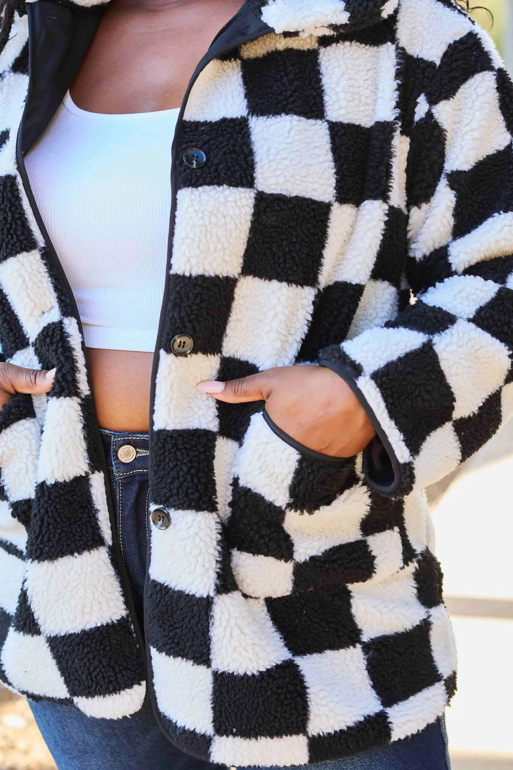 Double Take Full Size Checkered Button Front Coat with Pockets - Fashorio