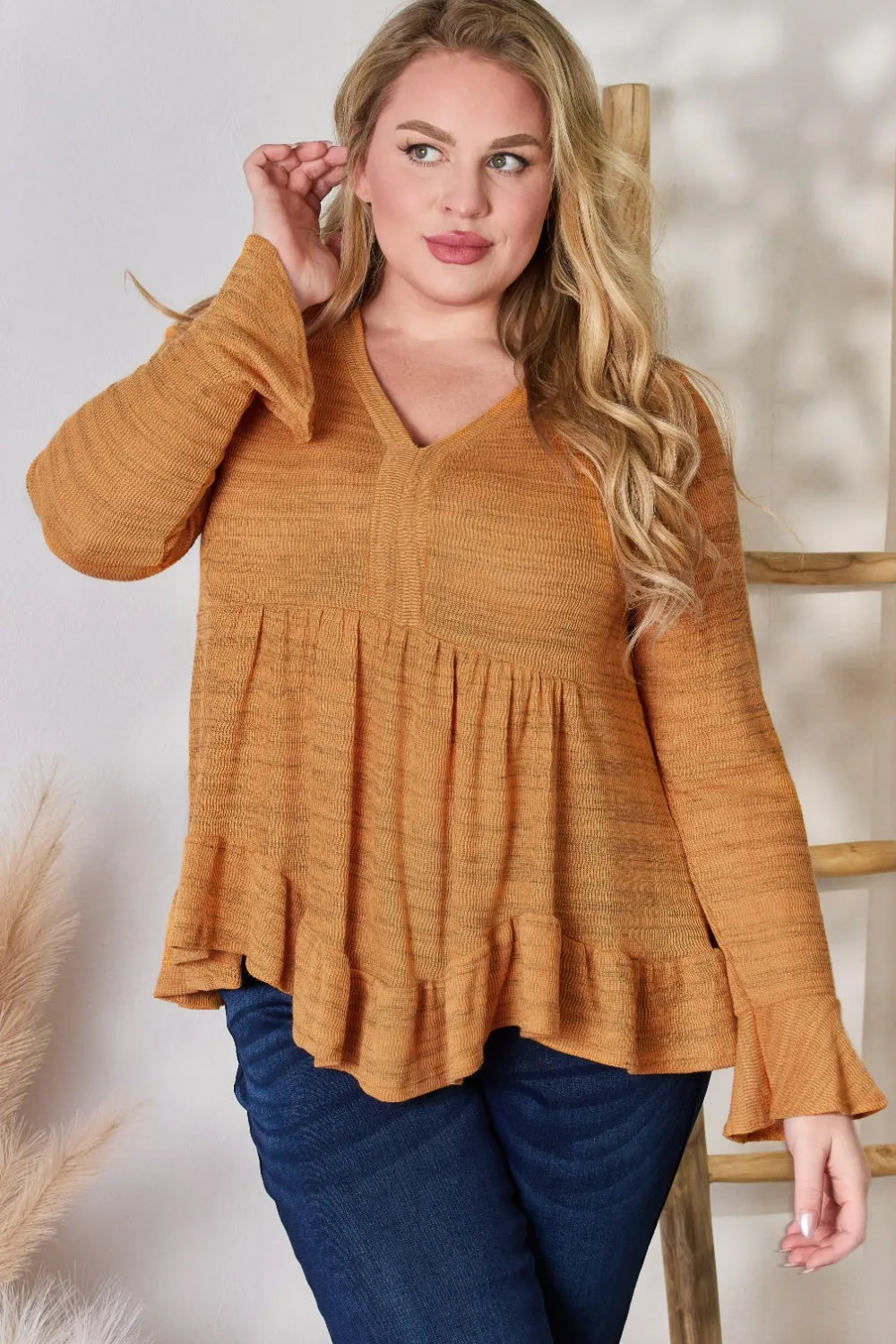 Hailey & Co Full Size V-Neck Flounce Sleeve Blouse - Fashorio