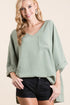 BiBi Flowy Woven V-Neck Top with Rolled Up Cuffs - Fashorio