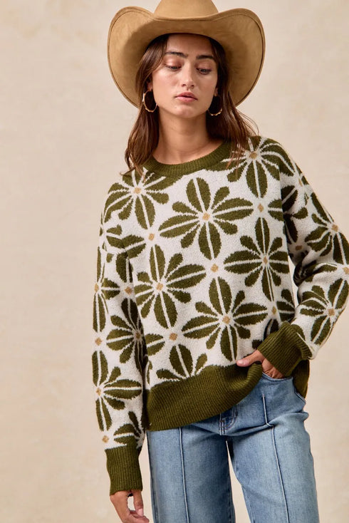 BiBi Flower Pattern Long Sleeve Sweater - Fashorio