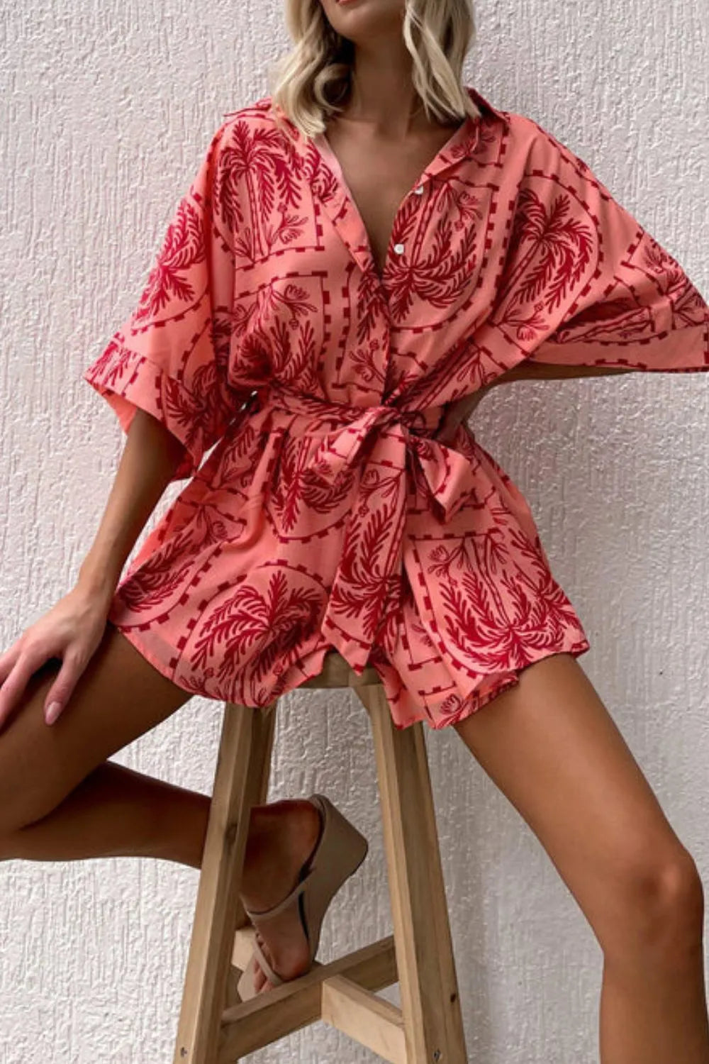 Printed Tie Waist Romper - Fashorio