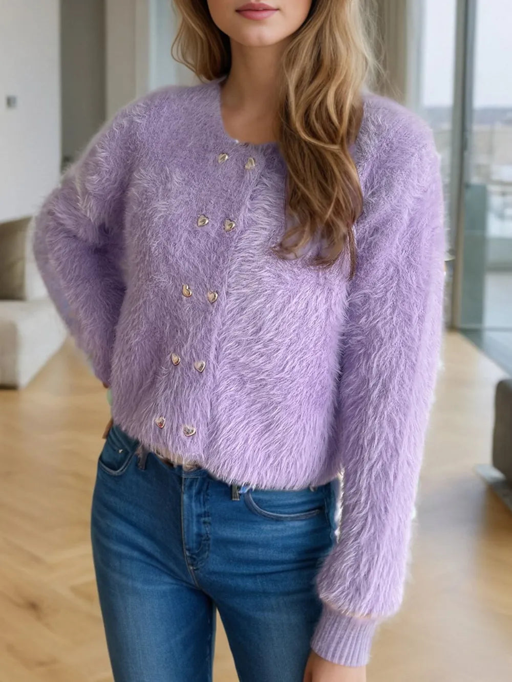 Heart Button Round Neck Cardigan - Fashorio