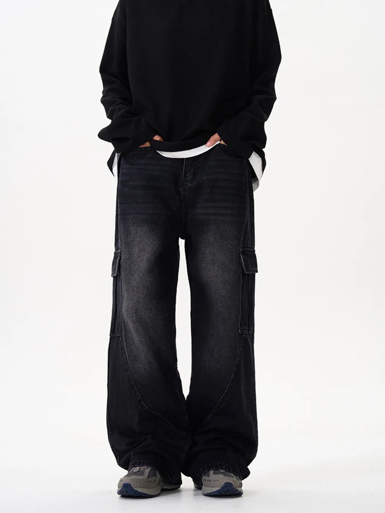 Men's Vintage Washed Wide Leg Cargo Jeans Black - Fashorio