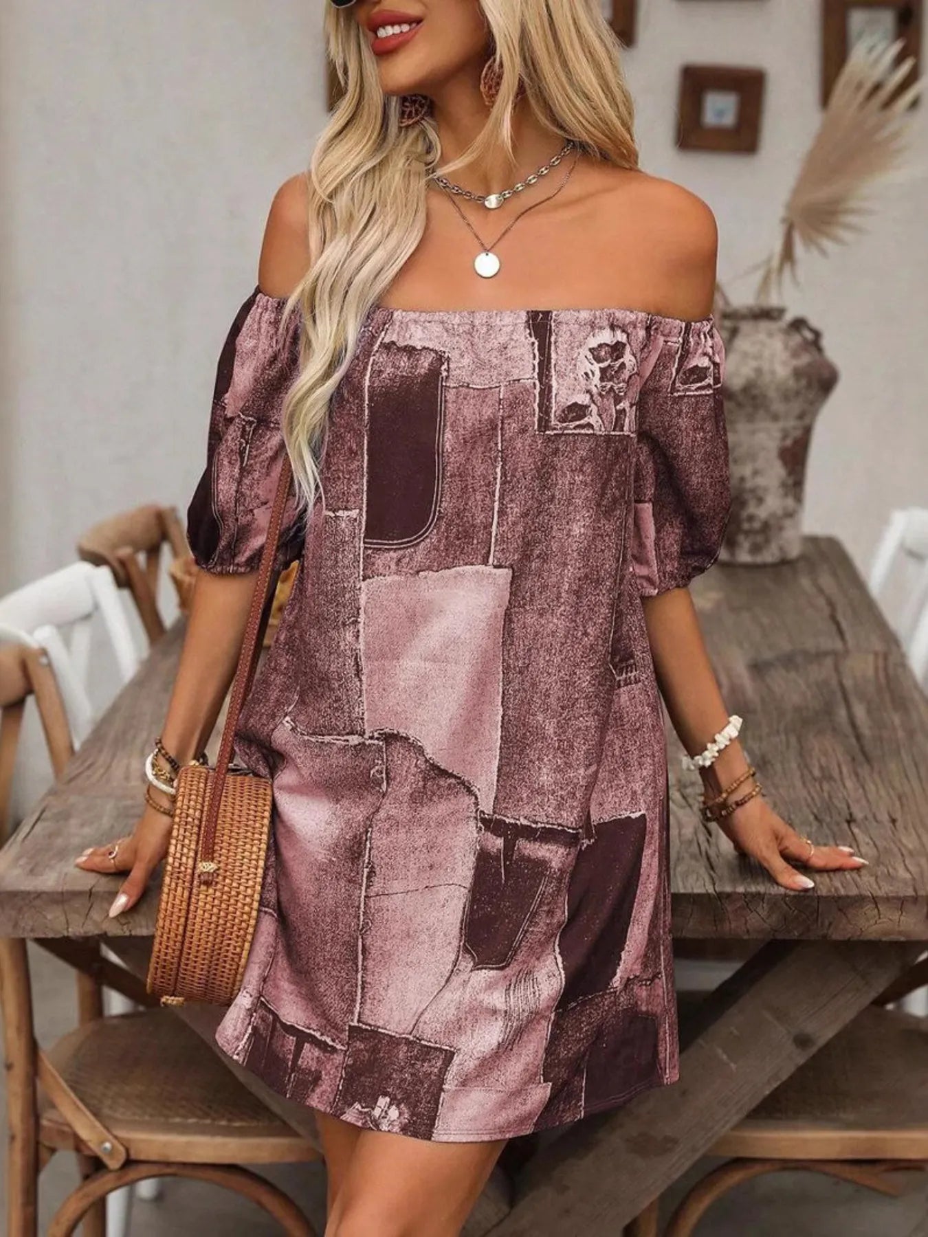 Patchwork Off Shoulder Denim Mini Dress Burgundy - Fashorio
