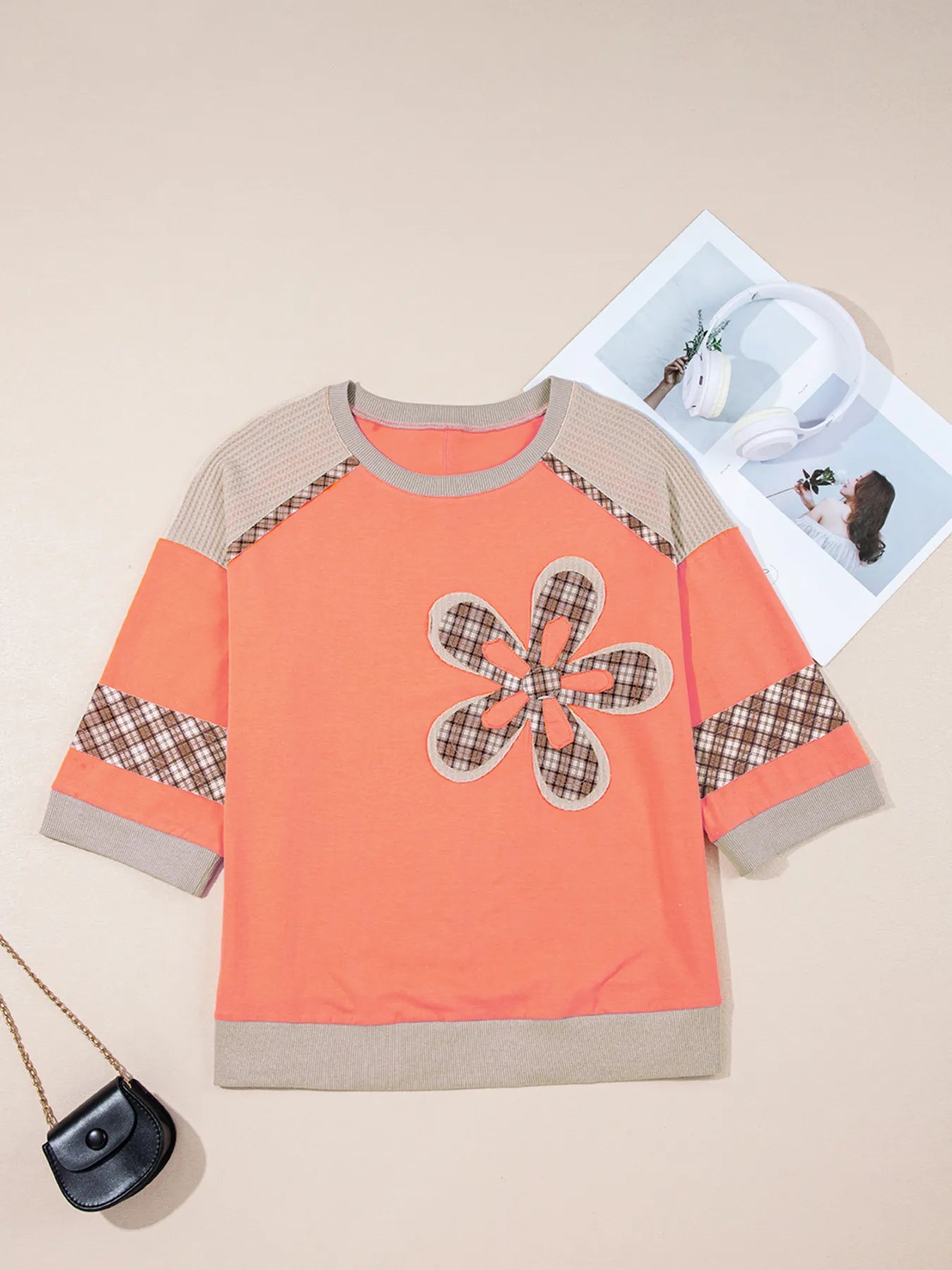 Plaid Waffle Flower Patchwork Contrast Top - Fashorio