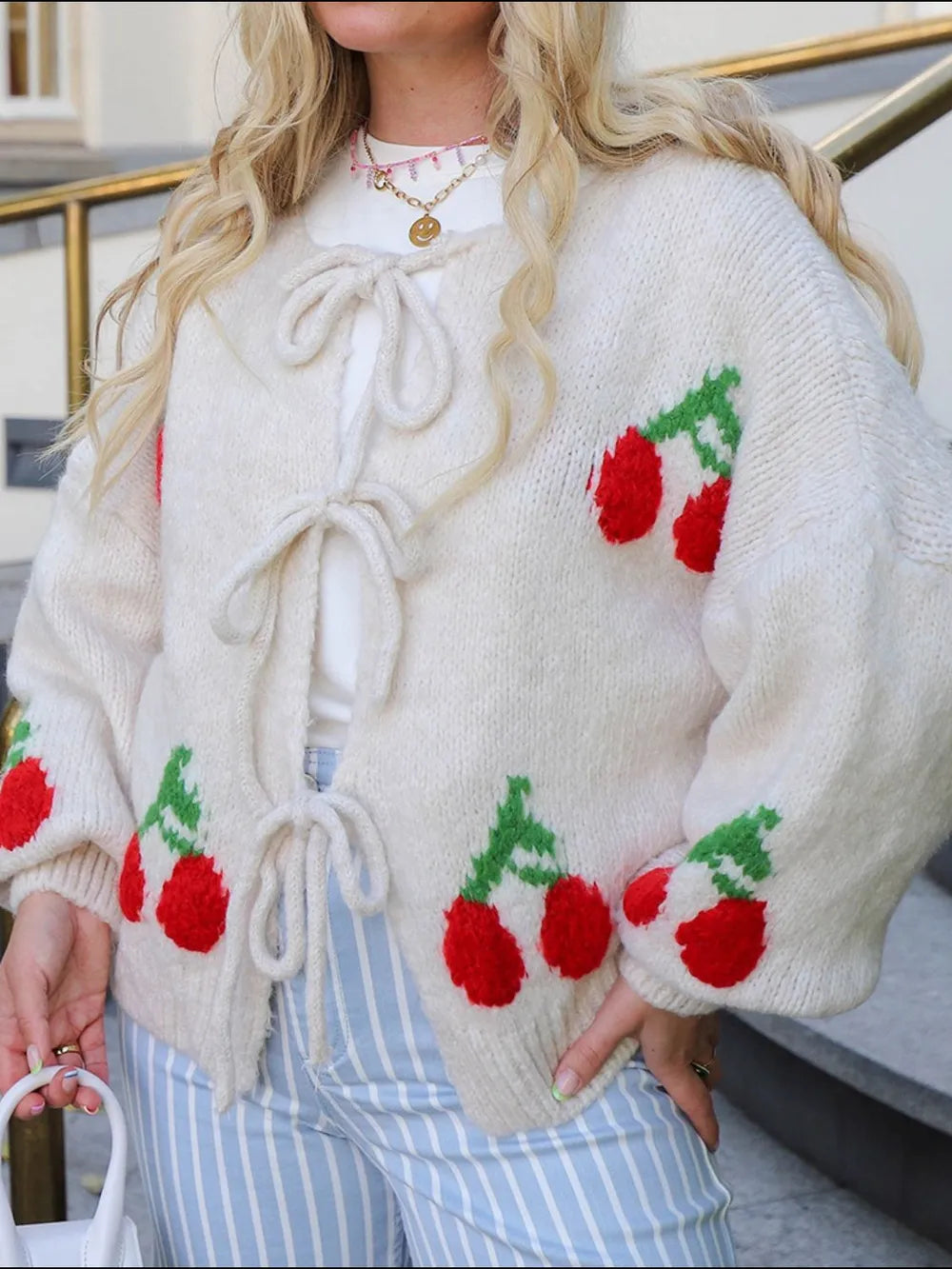 Tied Cherry Round Neck Long Sleeve Cardigan - Fashorio