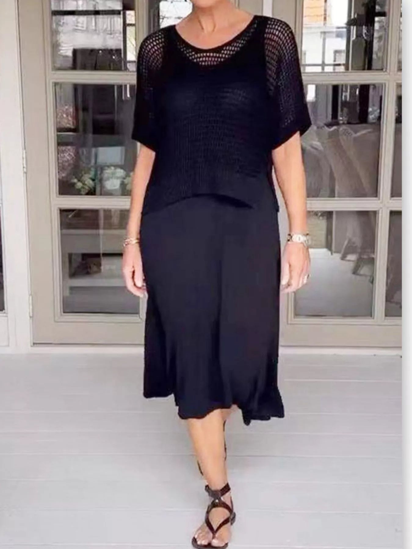 Full Size Openwork Knit Cover Up and Dress Set Plus Size Black - Fashorio