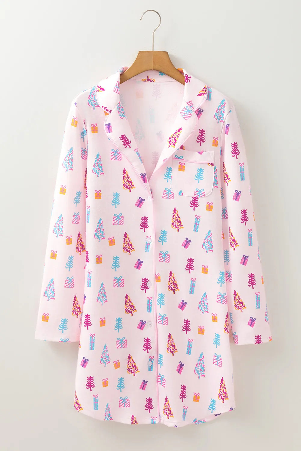Printed Collared Neck Long Sleeve Lounge Dress - Fashorio