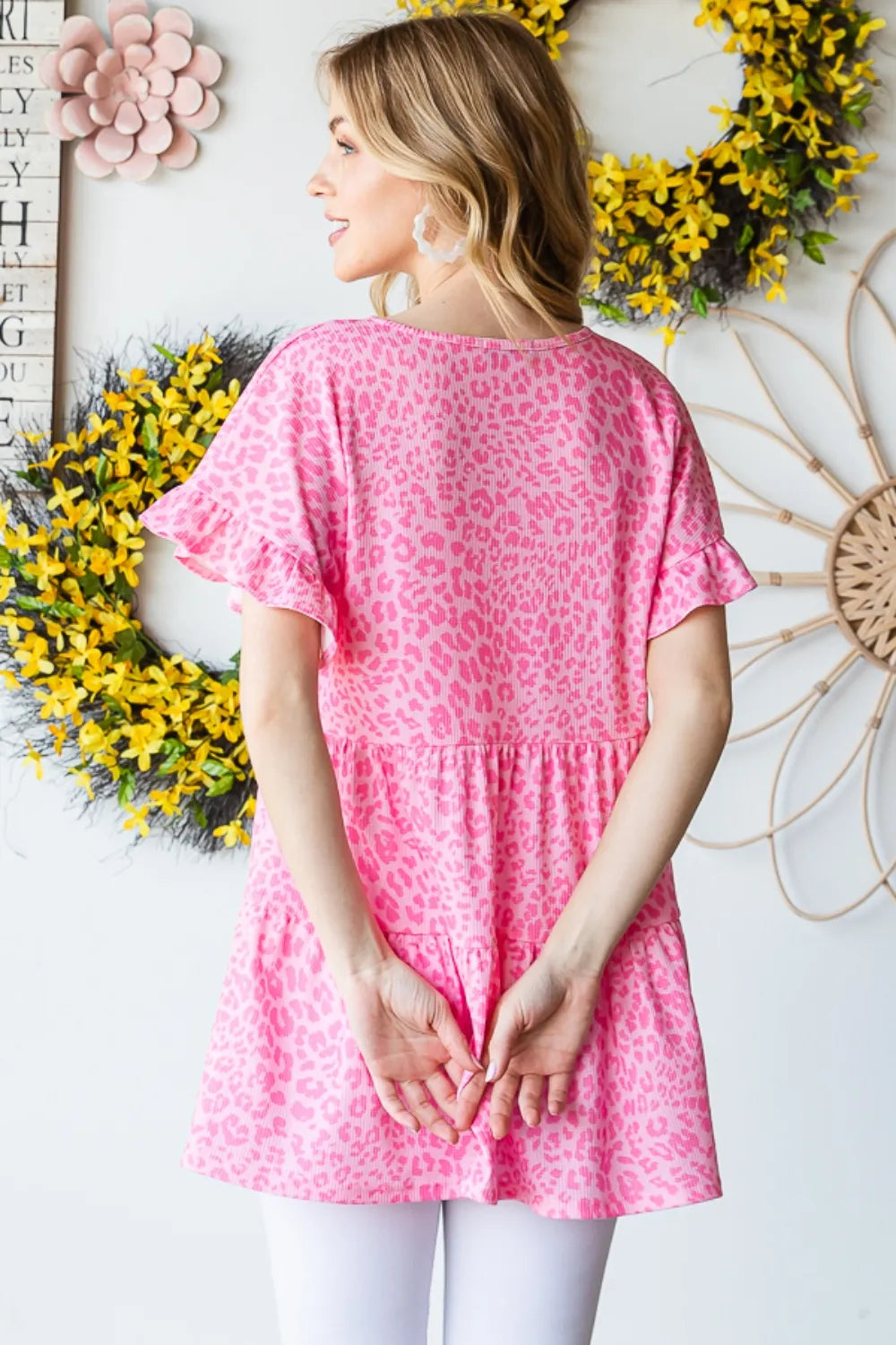 Heimish Full Size Leopard Ruffle Trim Short Sleeve Top - Fashorio