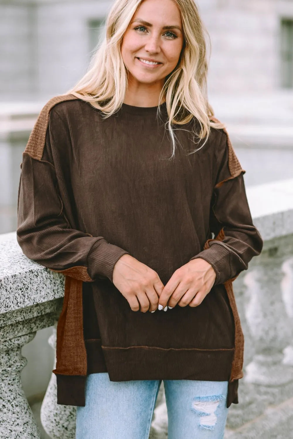 Ribbed Exposed Seam Dropped Shoulder Blouse - Fashorio