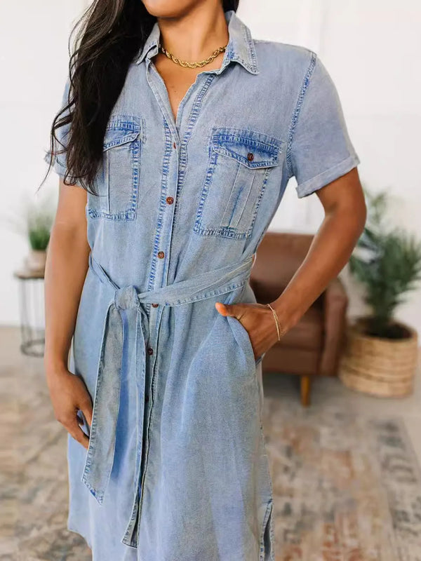 Button Front Short Sleeve Denim Dress Light Blue - Fashorio