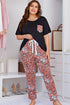 Plus Size Contrast Round Neck Tee and Floral Pants Lounge Set Black Orange - Fashorio