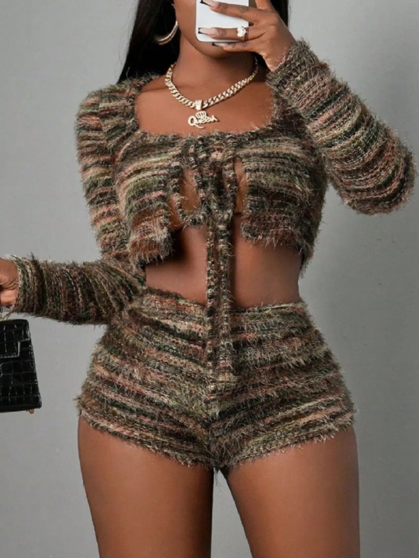 Square Neck Crop Top and Shorts Sweater Set - Fashorio