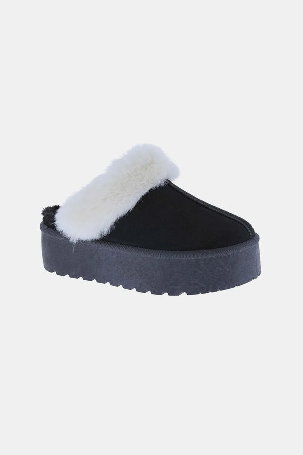 Weeboo Thick Bottom Fur Trim Snow Slippers Black - Fashorio