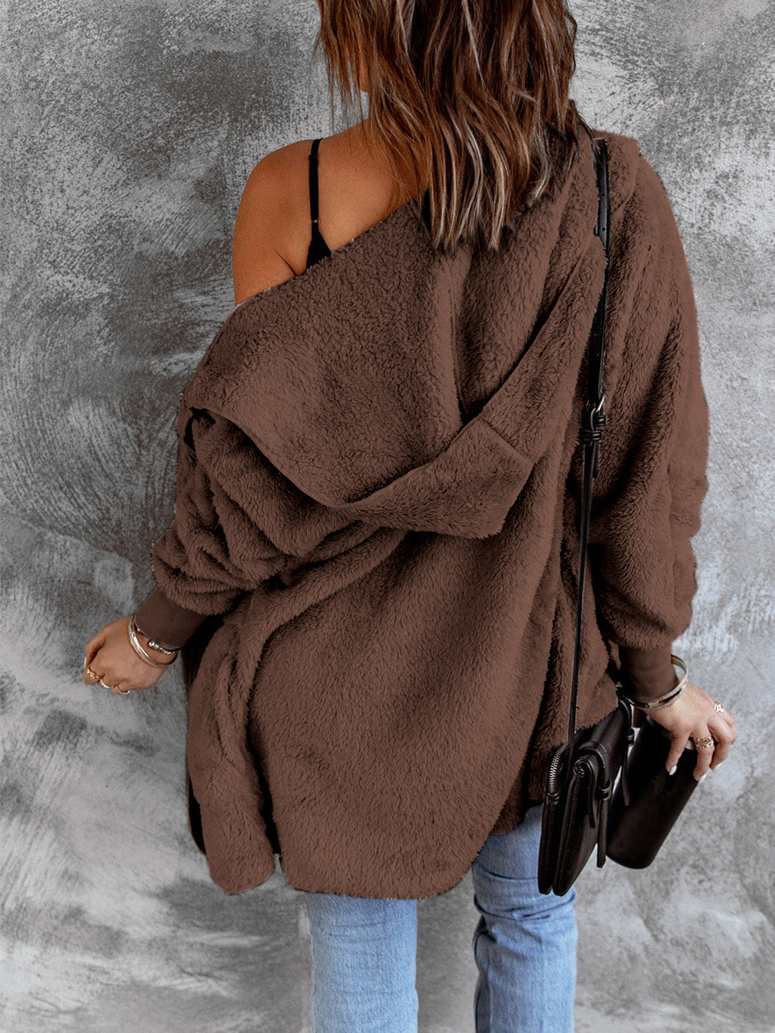 Open Front Hooded Faux Fur Outwear with Pockets - Fashorio