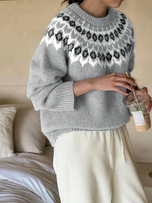 Nordic Fair Isle Pattern Round Neck Sweater Gray - Fashorio