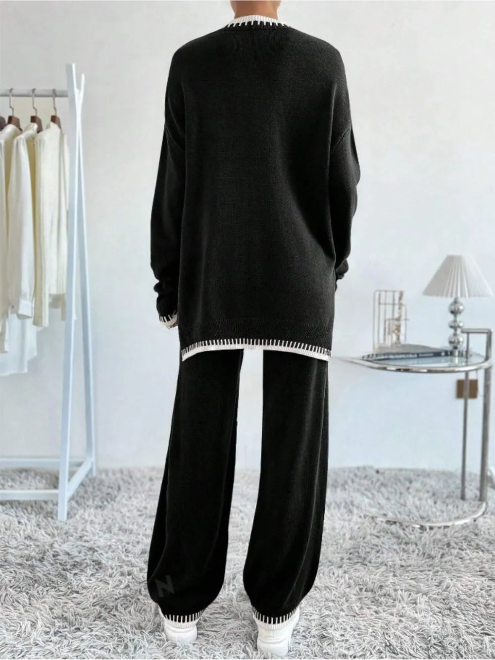 Side Slit Contrast Trim Round Neck Top and Pants Sweater Set - Fashorio