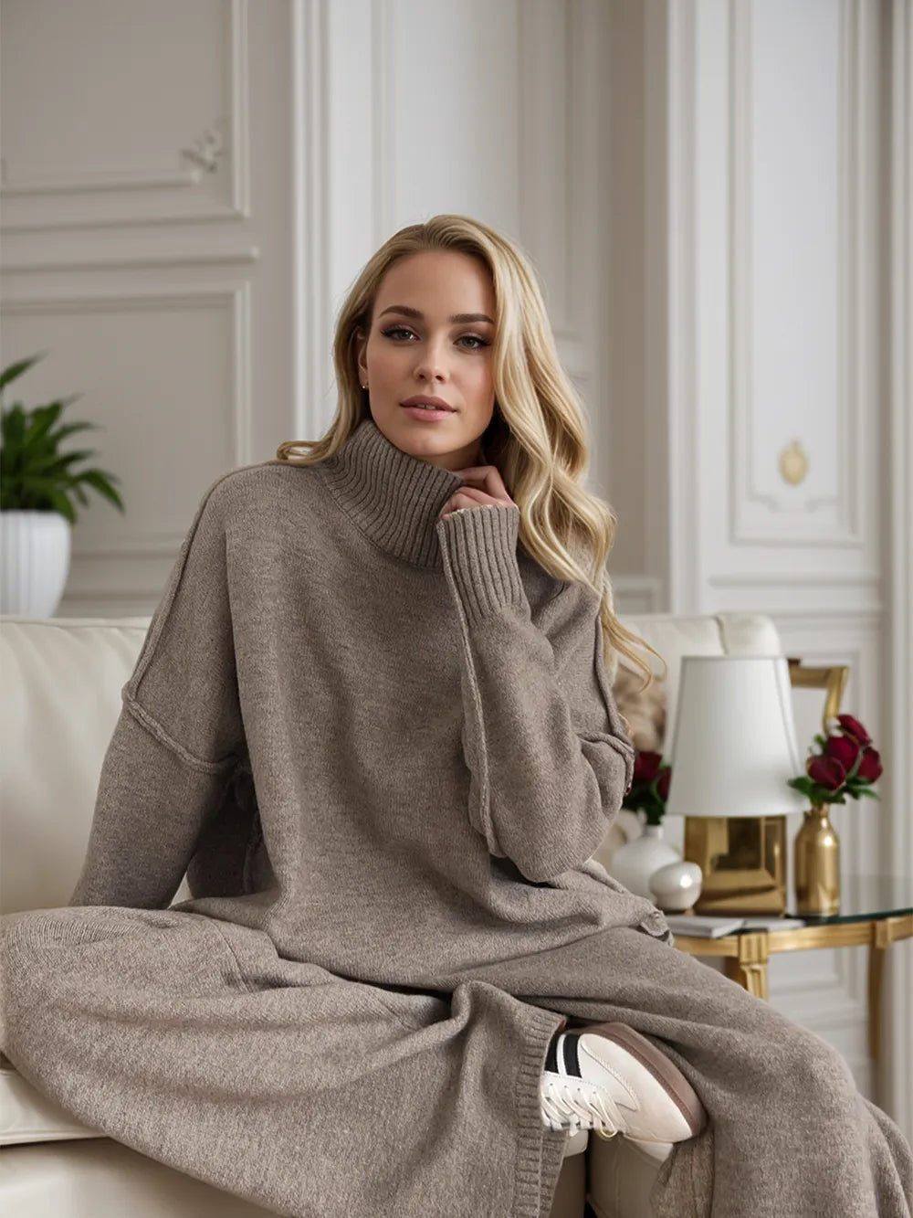 Slit Turtleneck Long Sleeve Top and Pants Sweater Set Taupe One Size - Fashorio