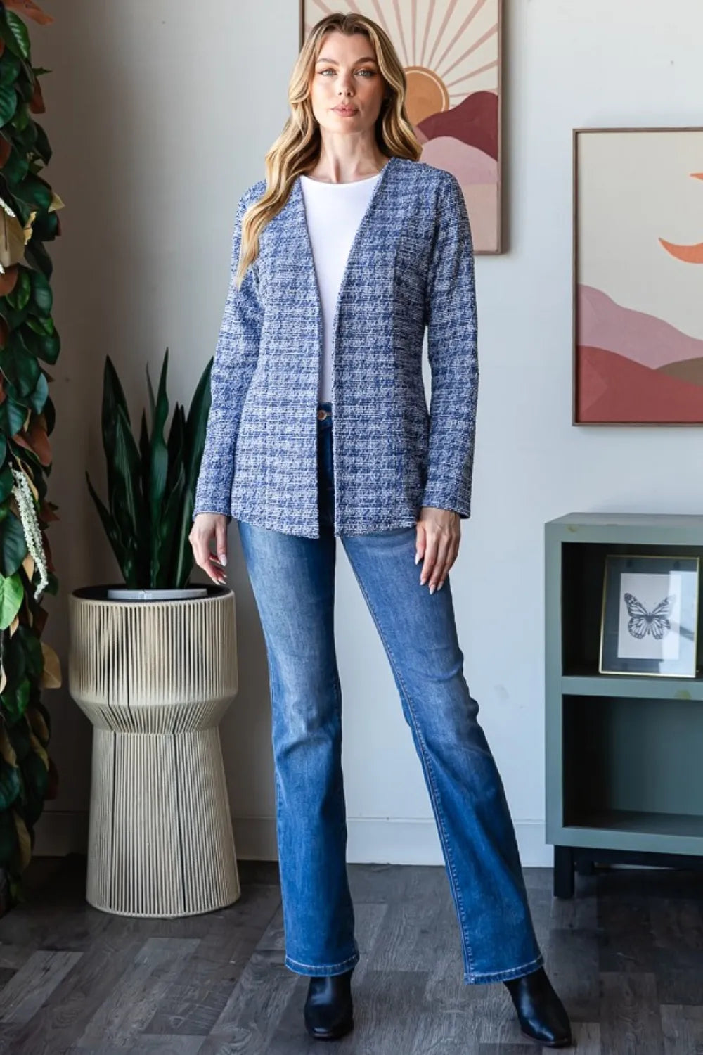 Heimish Full Size Houndstooth Tweed Open Front Blazer - Fashorio