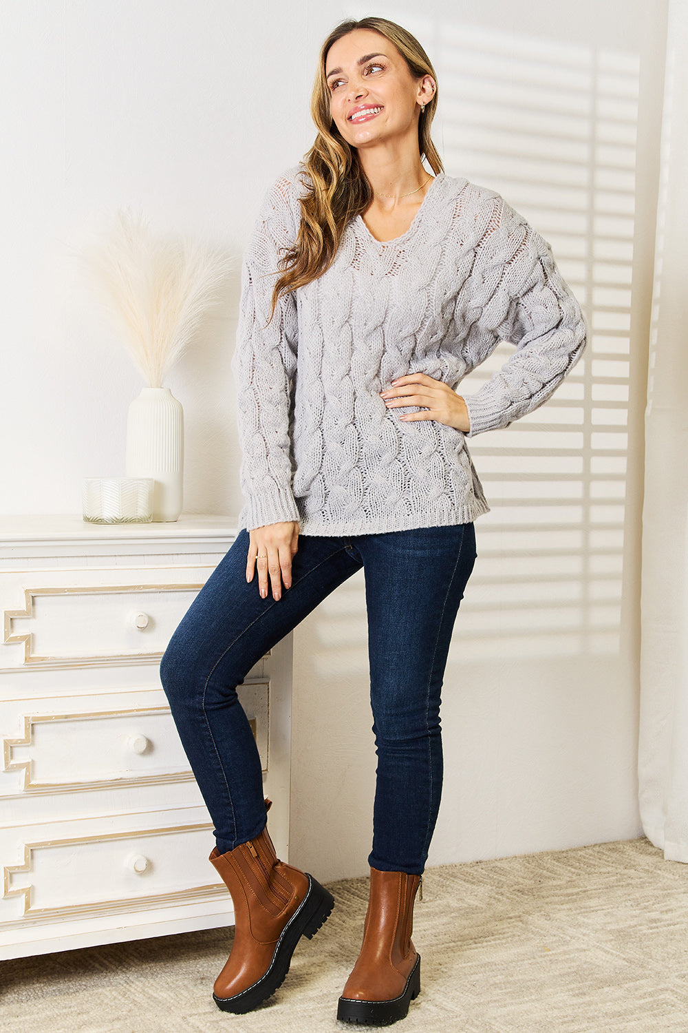 Woven Right Cable-Knit Hooded Sweater - Fashorio