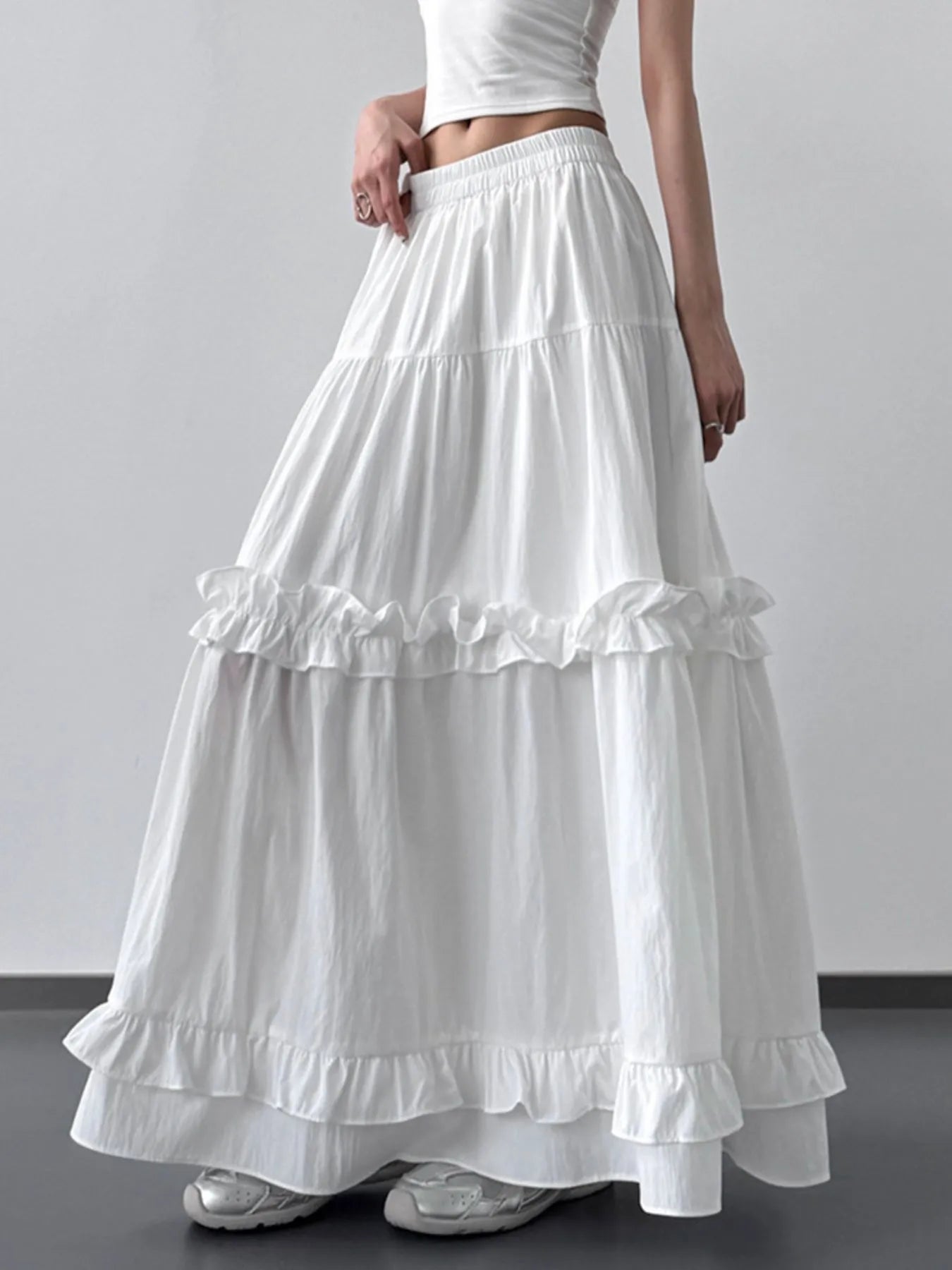 Elastic Waist Ruffle Maxi Skirt White - Fashorio