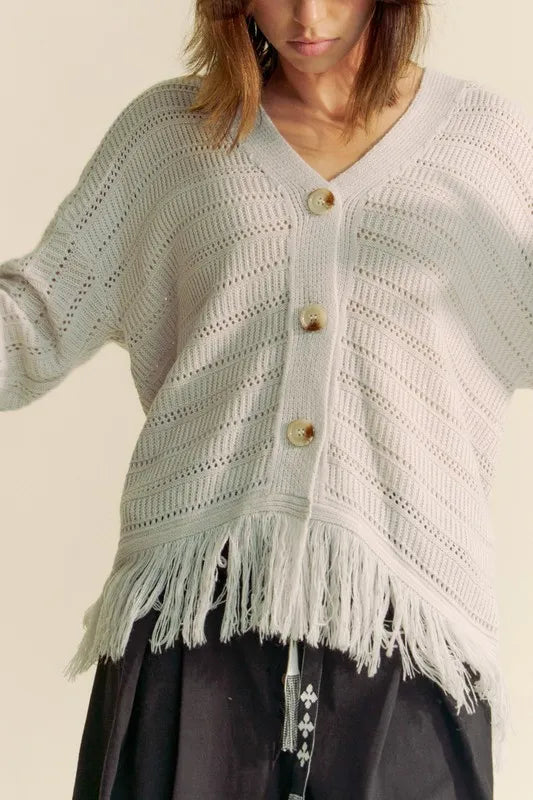 Davi & Dani Fringe V-Neck Button Up Long Sleeve Cardigan - Fashorio