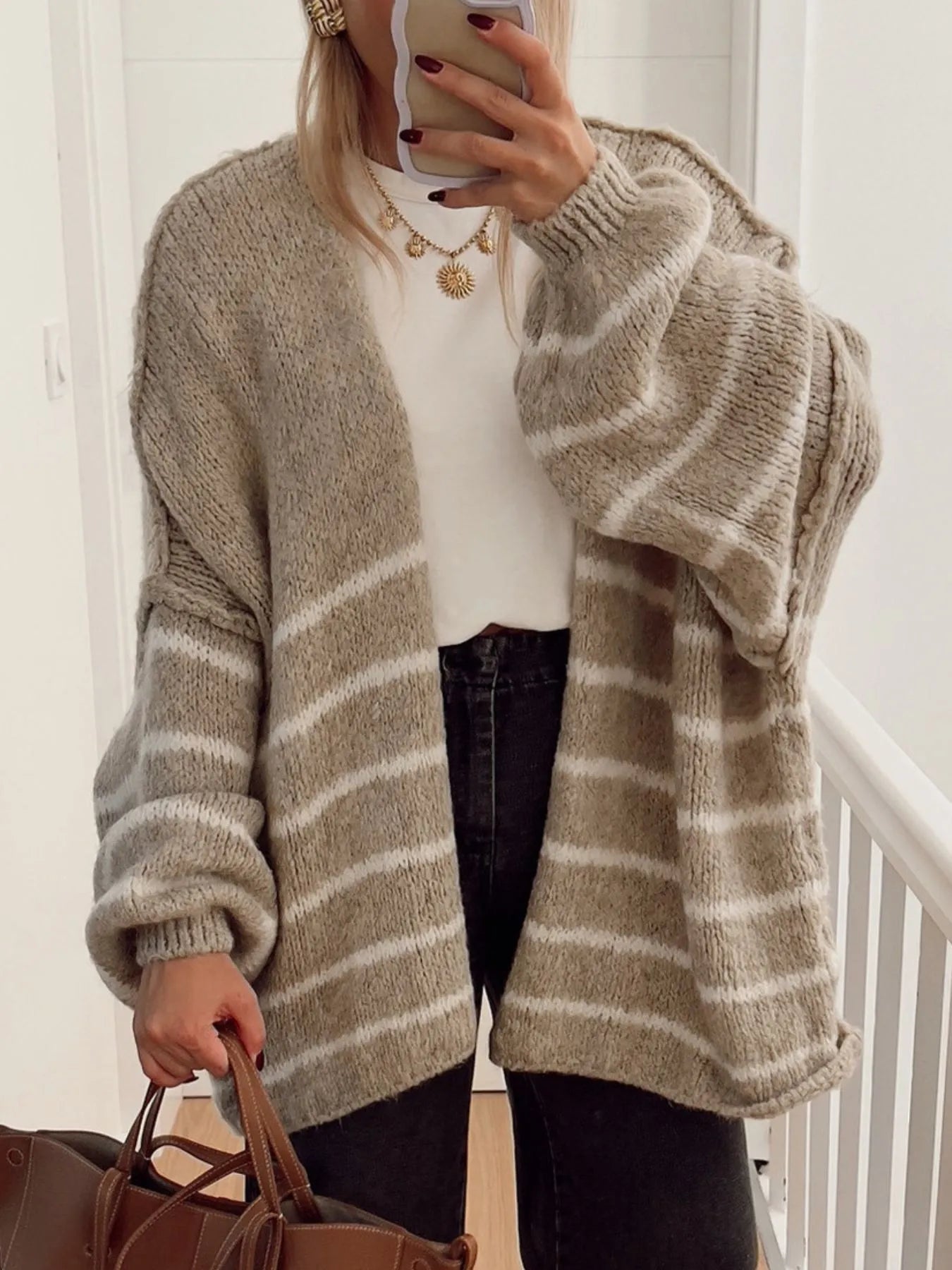 Striped Open Front Dropped Shoulder Cardigan Khaki - Fashorio