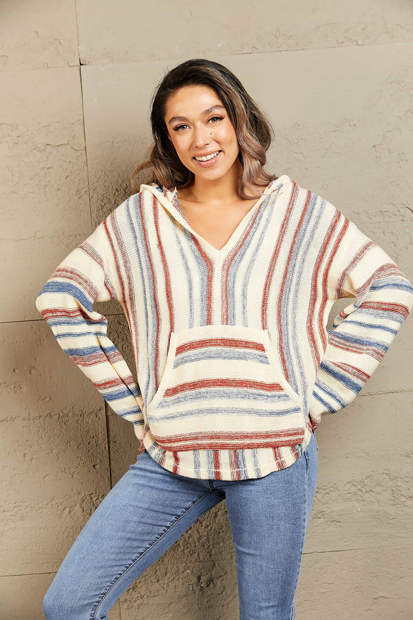 Striped Hooded Sweater with Kangaroo Pocket - Fashorio