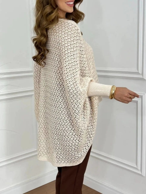 Crochet V-Neck Batwing Sleeves Oversized Sweater - Fashorio