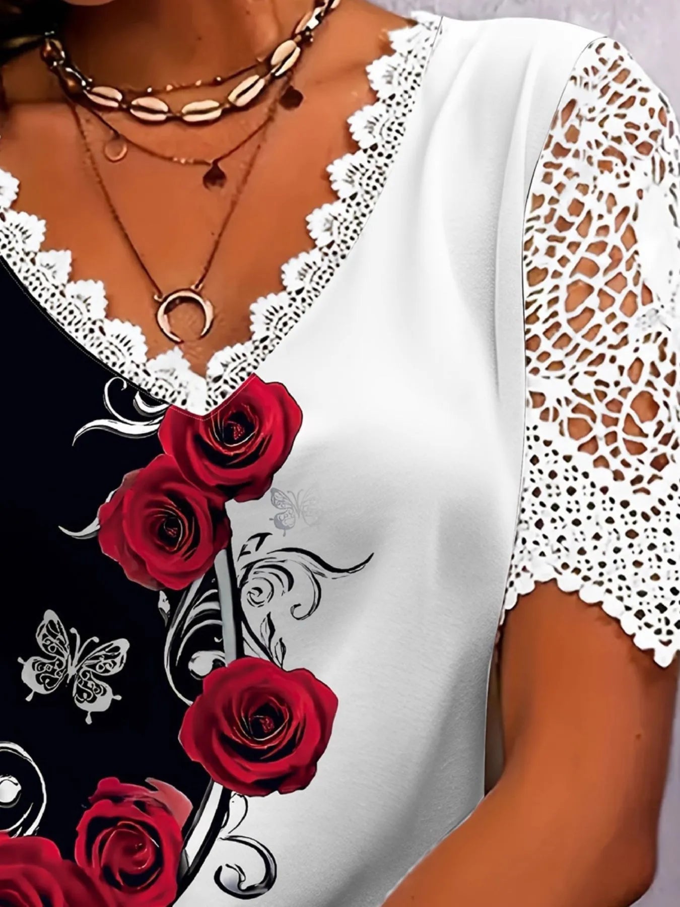 Full Size Printed Lace Sleeve V-Neck T-Shirt Plus Size - Fashorio