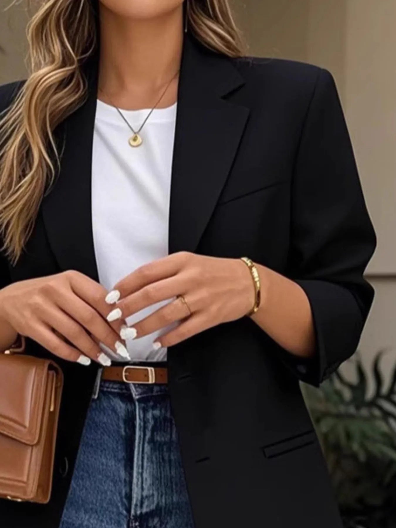 Pocketed Lapel Collar Long Sleeve Blazer - Fashorio