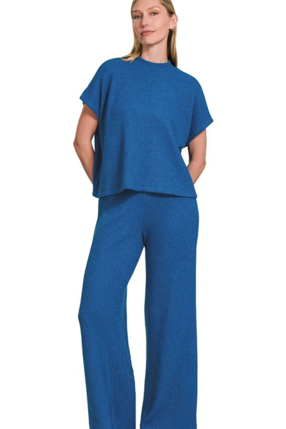 Zenana Rolled Sleeve Top and Pants Sweater Set - Fashorio