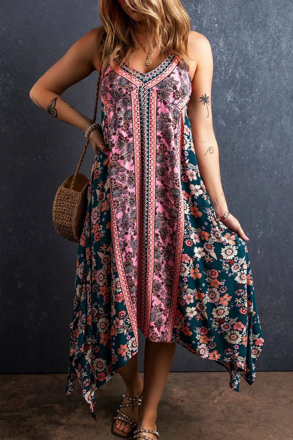 Printed V-Neck Midi Cami Dress - Fashorio