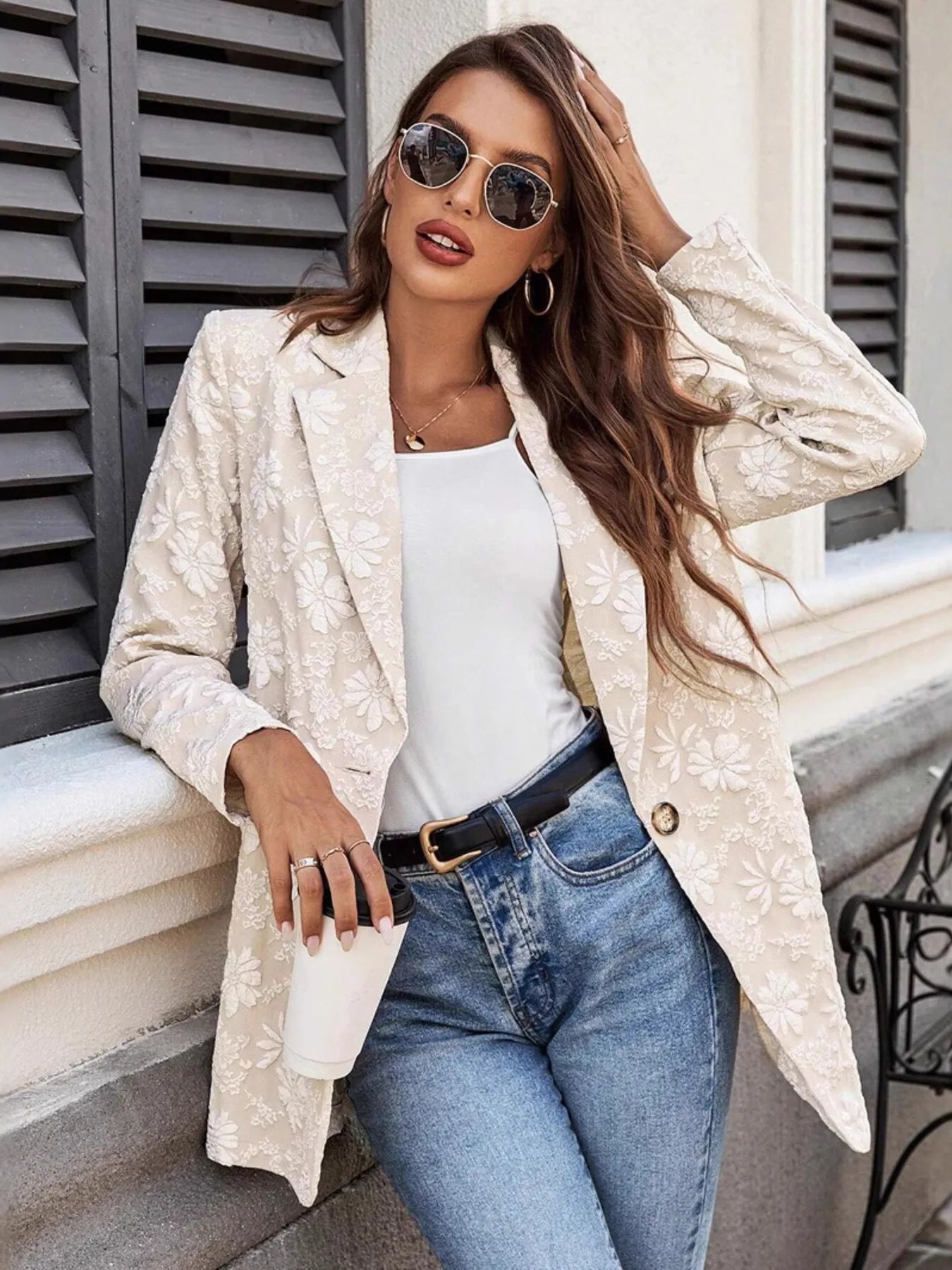 Floral Jacquard One Button Long Sleeve Blazer - Fashorio