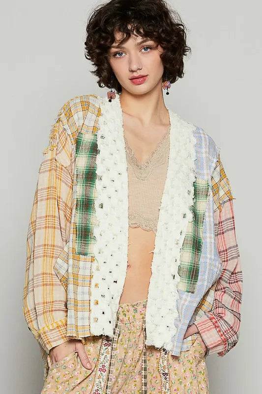POL Raw Edge Plaid Open Front Cardigan YELLOW RED MULTI - Fashorio
