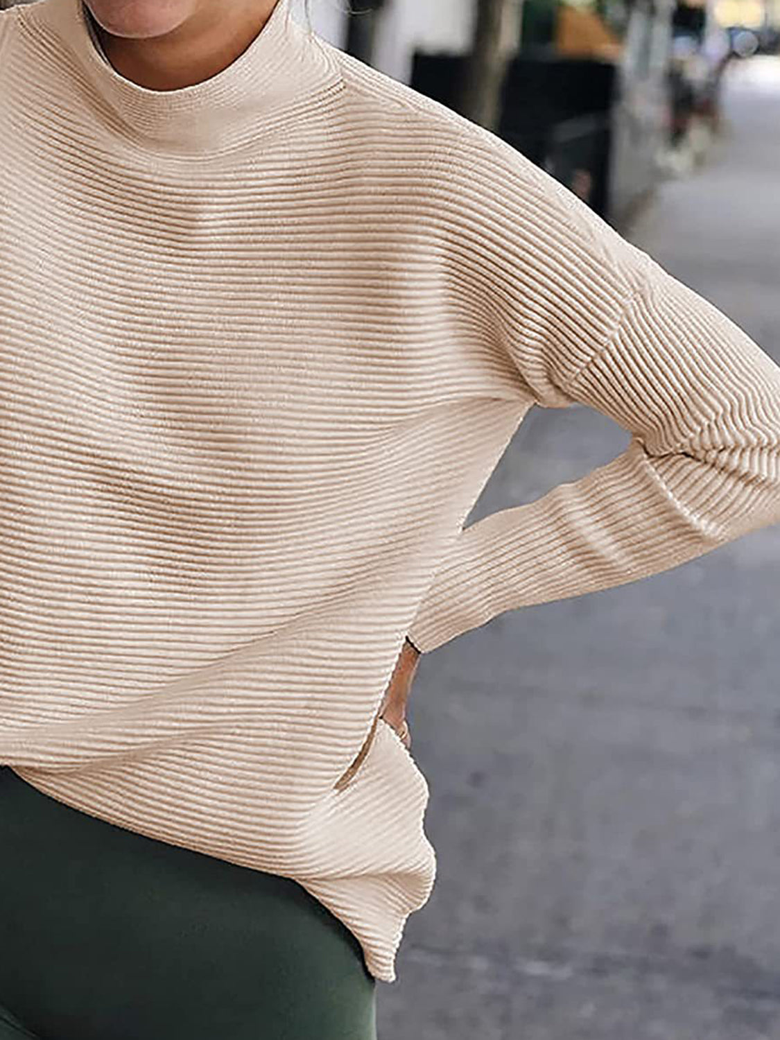 Ribbed Mock Neck Long Sleeve Sweater - Fashorio