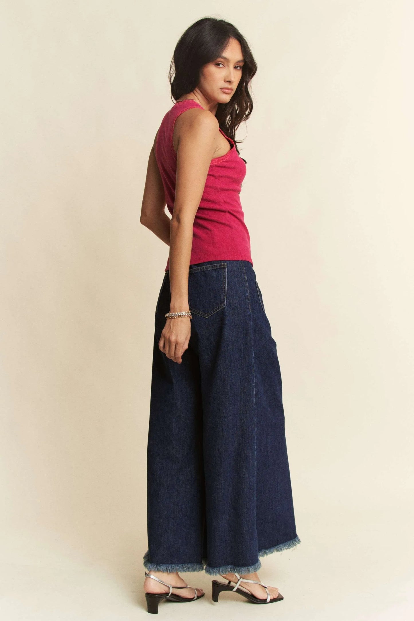 Davi & Dani Patch Pocket Wide Leg Culotte Jeans - Fashorio