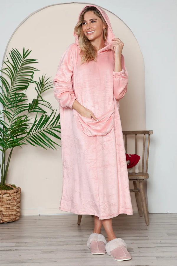 Double Take Full Size Pocketed Hooded Midi Lounge Dress Dusty Pink - Fashorio
