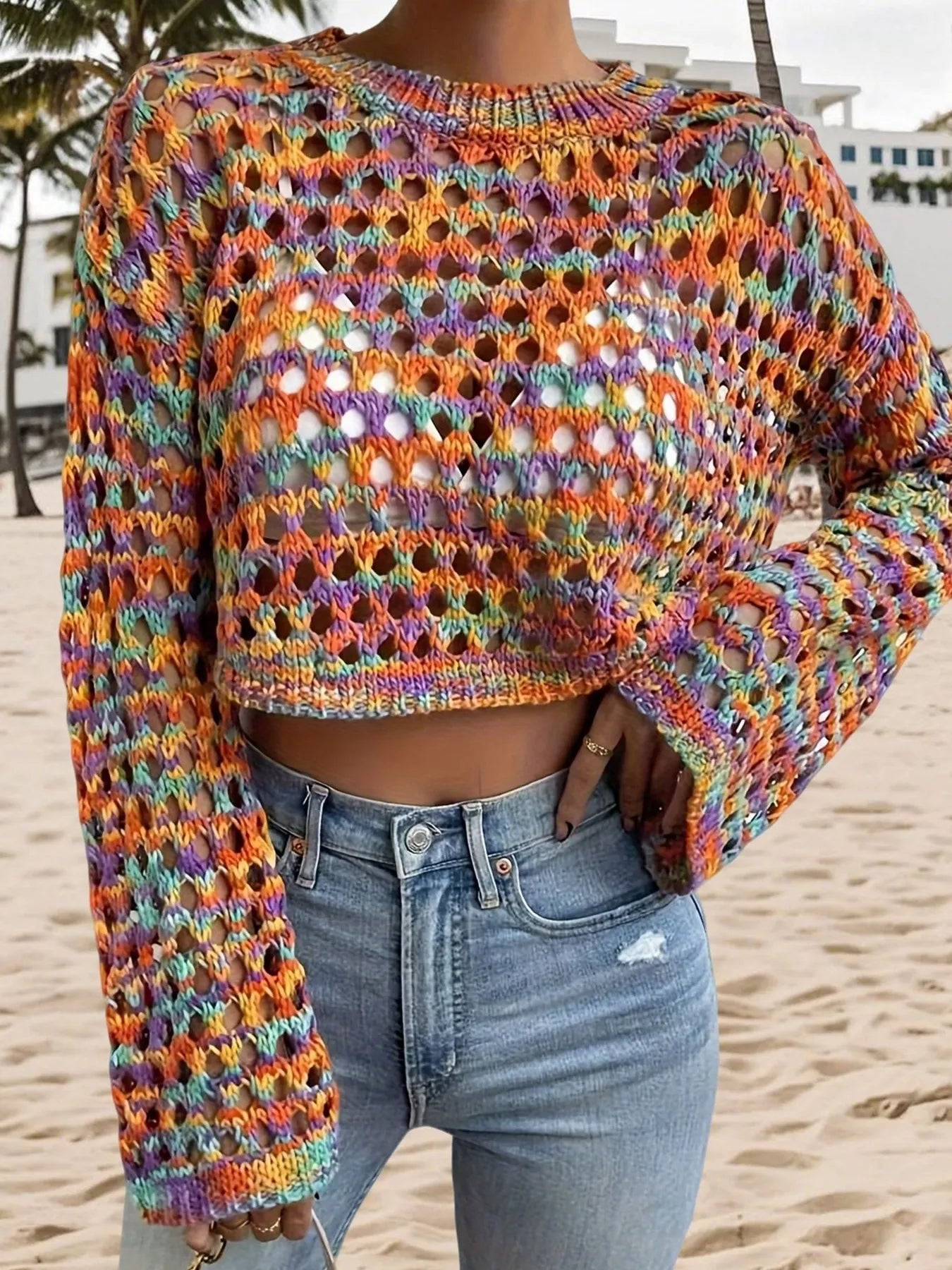 Rainbow Crochet Hollow Out Cropped Sweater - Fashorio