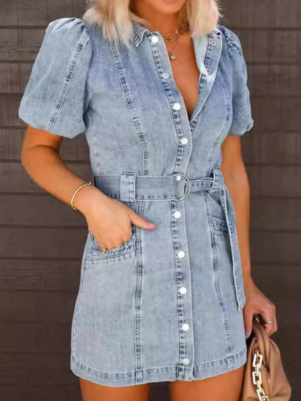 Button-Up Puff Sleeve Denim Shirt Dress Denim Blue - Fashorio